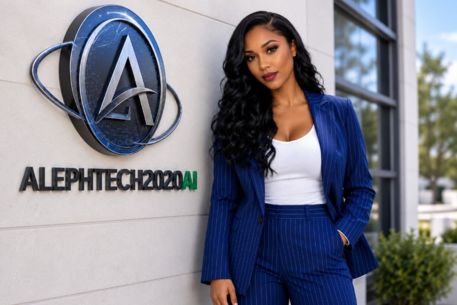 Tara, President of Alephtech2020AI, outside the Alephtech2020AI office